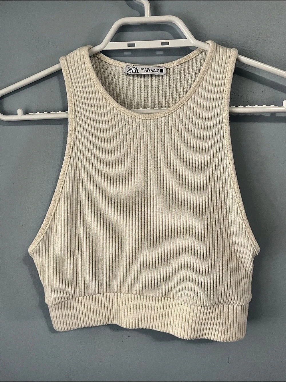 Zara Cream Ribbed Knit Cropped Tank High Neck Cotton Blend Size S